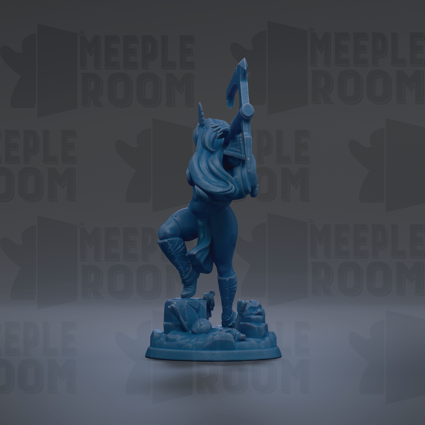 A blue figurine of a woman with long hair and a pointed hat, holding a weapon, is the central focus of the image.