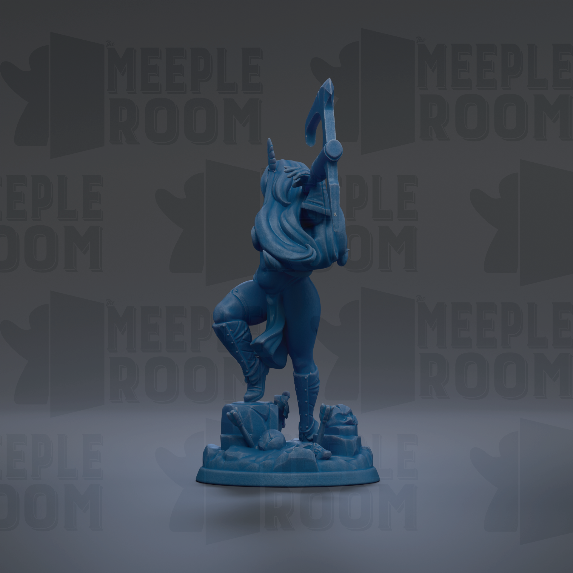 A blue figurine of a woman with long hair and a pointed hat, holding a weapon, is the central focus of the image.