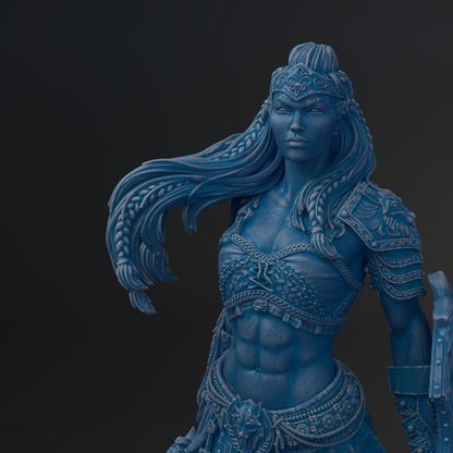 A detailed 3D rendering of a female warrior statue, with intricate armor and flowing hair, set against a dark background.