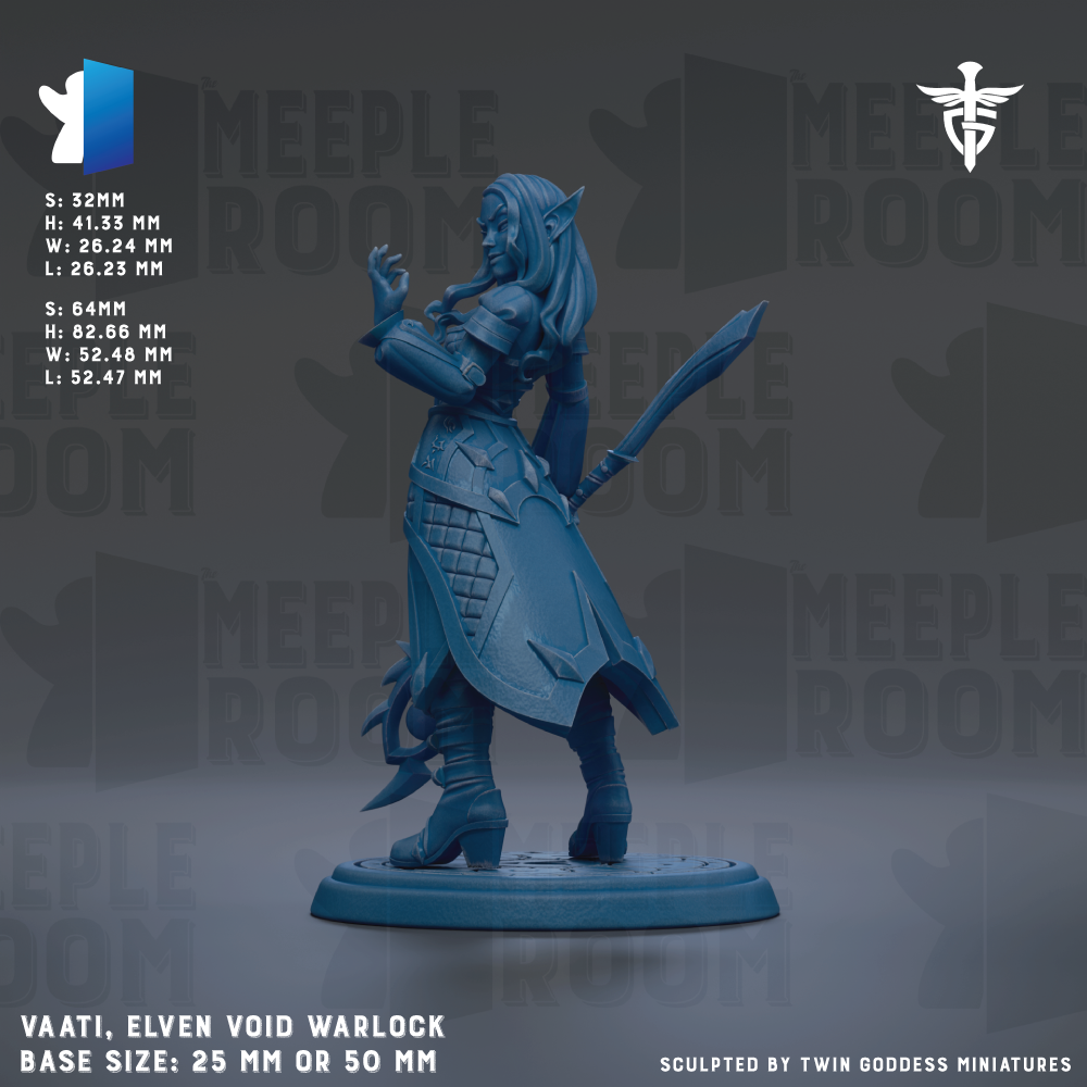a blue elf warrior statue with a sword and shield, standing on a base. The statue is described as a "VAATI, ELVEN VOID WARLOCK" and is "BASE SIZE: 25mm OR 50mm". The background of the image is a repeating pattern of the word "MEPLE ROOM".