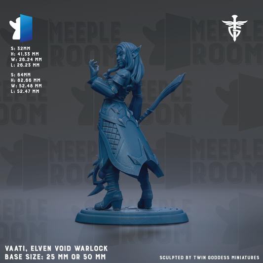 a blue elf warrior statue with a sword and shield, standing on a base. The statue is described as a "VAATI, ELVEN VOID WARLOCK" and is "BASE SIZE: 25mm OR 50mm". The background of the image is a repeating pattern of the word "MEPLE ROOM".