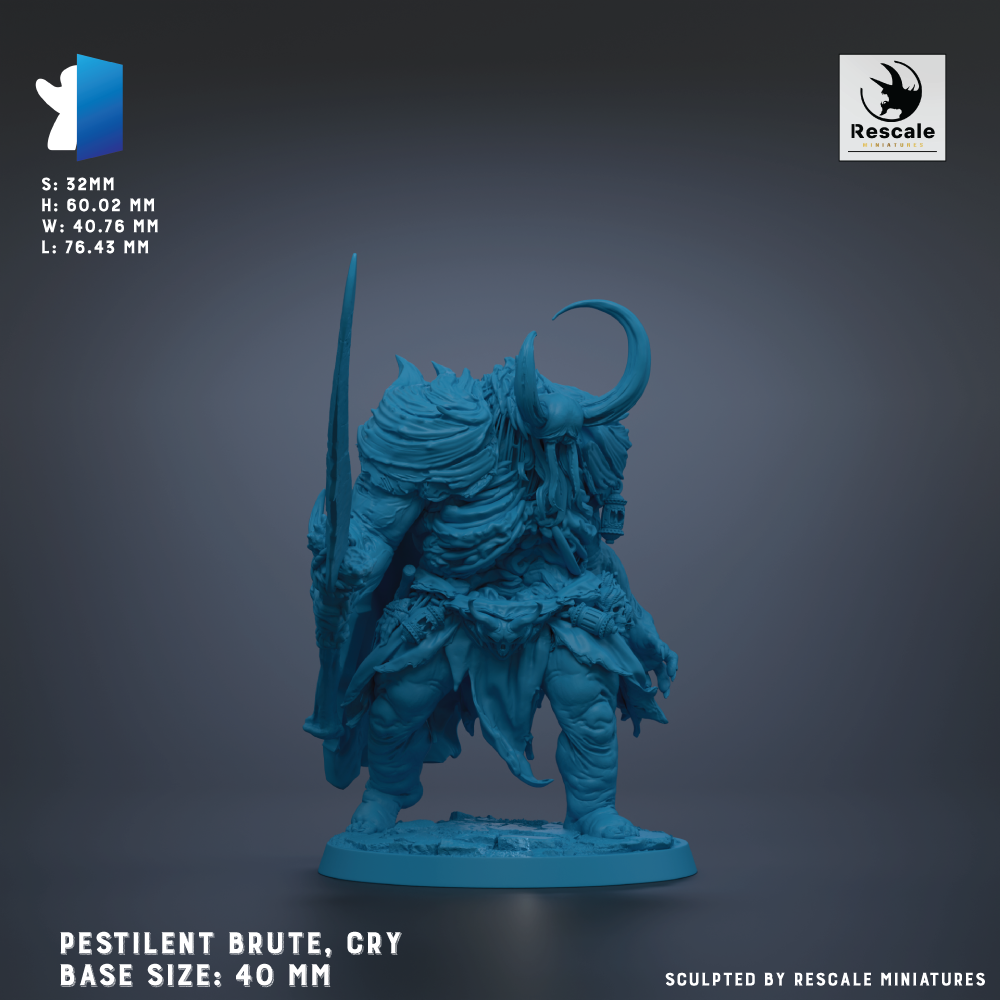 a blue figurine of a creature with horns and a crescent moon, standing on a base and holding a sword.