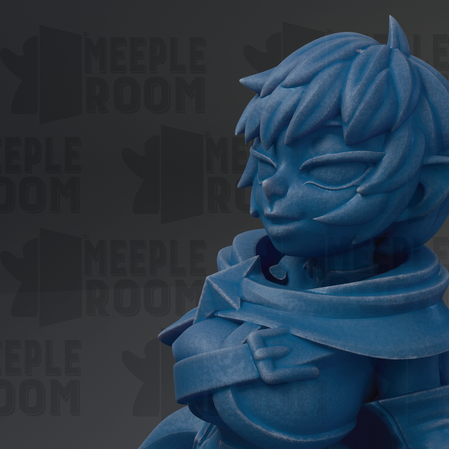 A close-up of a blue, 3D-rendered character with a detailed, stylized appearance.