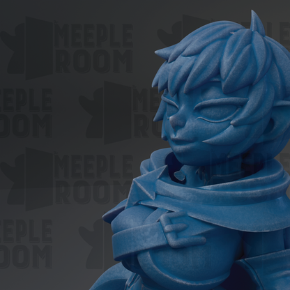 A close-up of a blue, 3D-rendered character with a detailed, stylized appearance.
