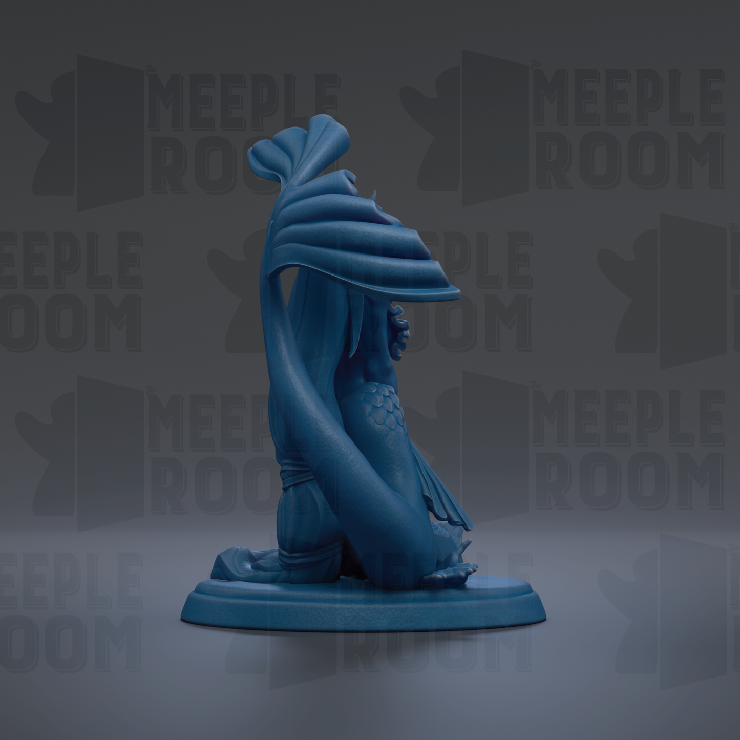 A blue mermaid statue is displayed against a dark background with repeated text.