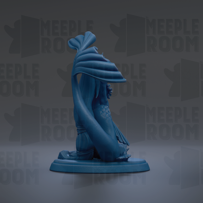A blue mermaid statue is displayed against a dark background with repeated text.