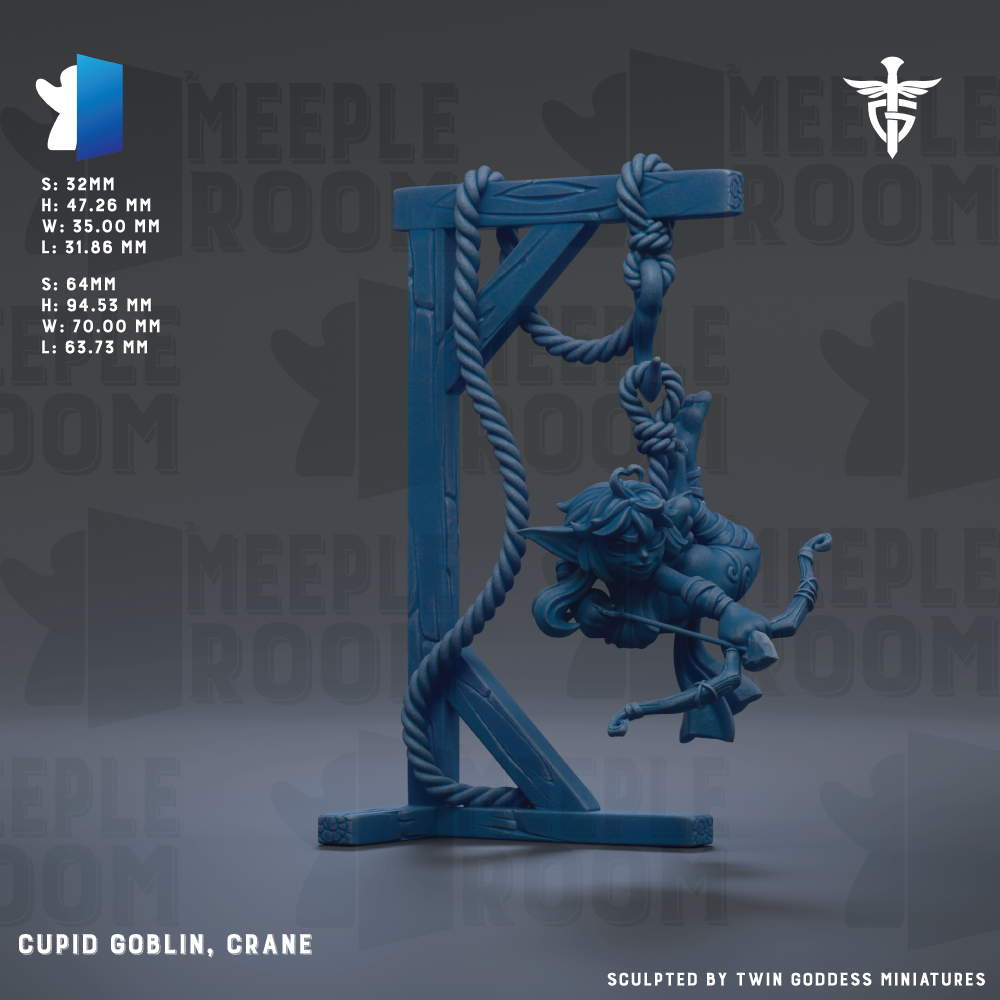 The image is a 3D model of a blue crane figure, specifically a Cupid Goblin, which is a type of fantasy creature often used in fantasy role-playing games. The crane is depicted in a dynamic pose, holding a bow and arrow, and is standing on a wooden stand. The background of the image is dark, which contrasts with the crane and makes it stand out. The image is a 3D rendering of the crane, and it is described as a "sculpted by Twin Goddess Miniatures".
