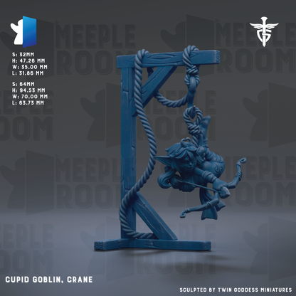The image is a 3D model of a blue crane figure, specifically a Cupid Goblin, which is a type of fantasy creature often used in fantasy role-playing games. The crane is depicted in a dynamic pose, holding a bow and arrow, and is standing on a wooden stand. The background of the image is dark, which contrasts with the crane and makes it stand out. The image is a 3D rendering of the crane, and it is described as a "sculpted by Twin Goddess Miniatures".