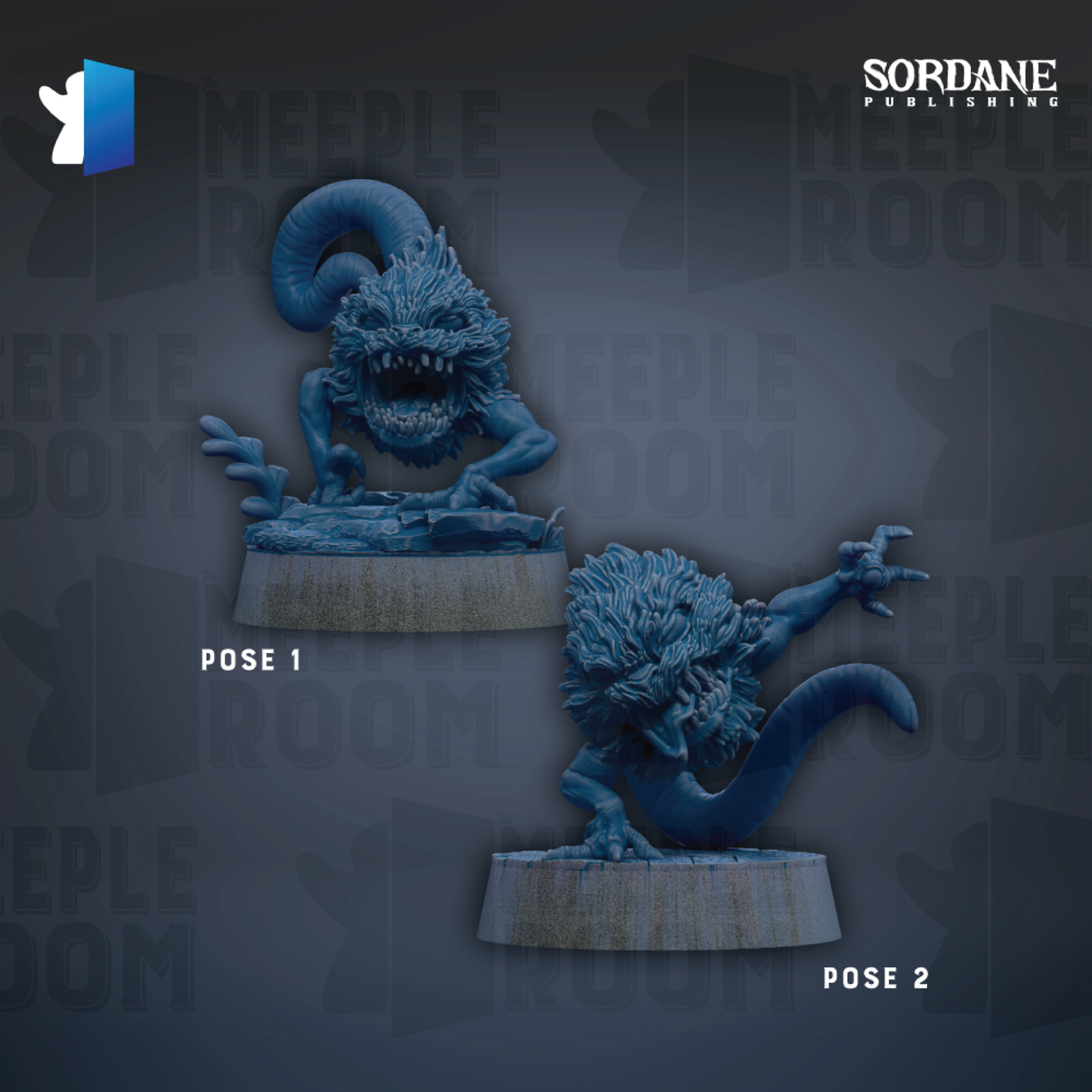 two blue, monster-like figurines posed on platforms, with the text "SORDANE PUBLISHING" and "MEEPLE ROOM" visible in the background.