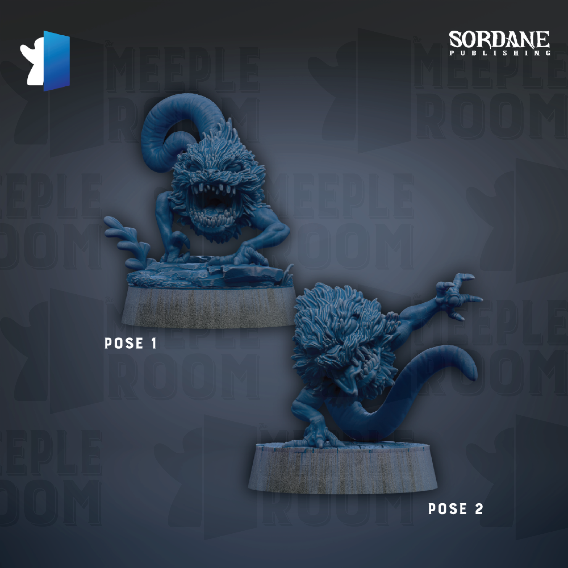 two blue, monster-like figurines posed on platforms, with the text "SORDANE PUBLISHING" and "MEEPLE ROOM" visible in the background.