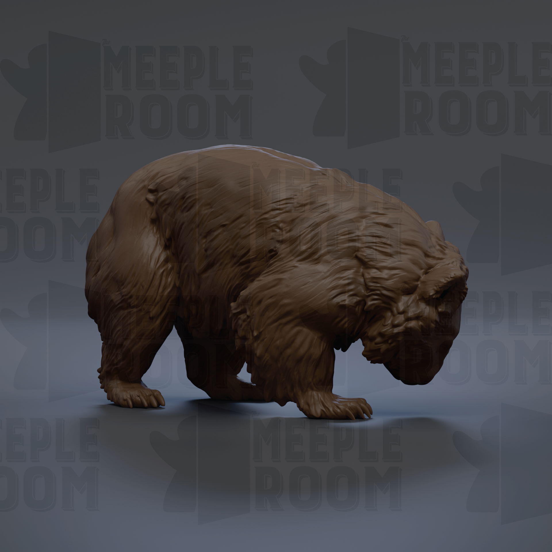 A 3D rendering of a brown bear standing on its hind legs against a dark background with repeated text.