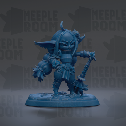 A blue figurine of a character with horns and a sword, standing on a base.