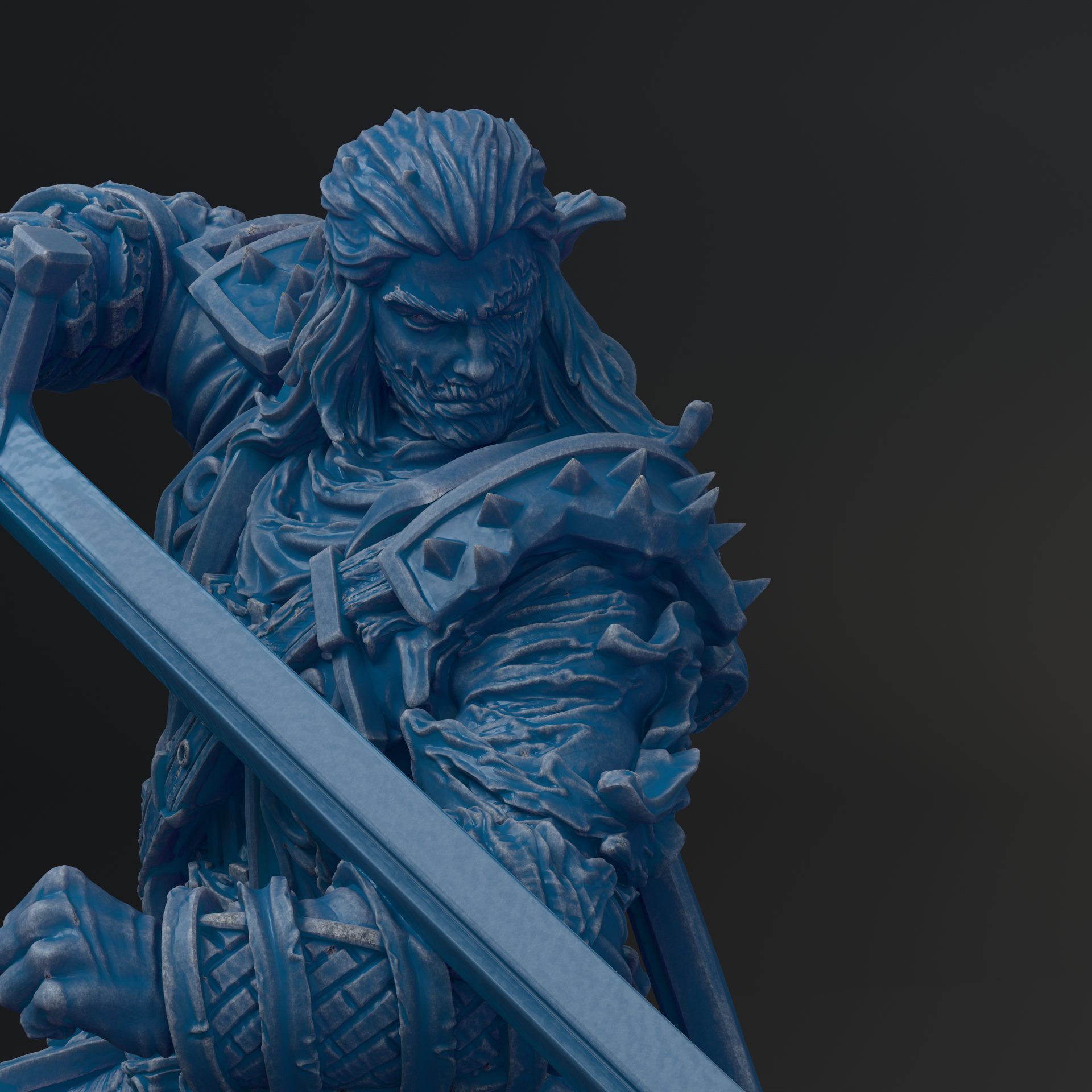 A close-up view of a blue, detailed statue depicting a warrior figure with a fierce expression and a sword in hand.