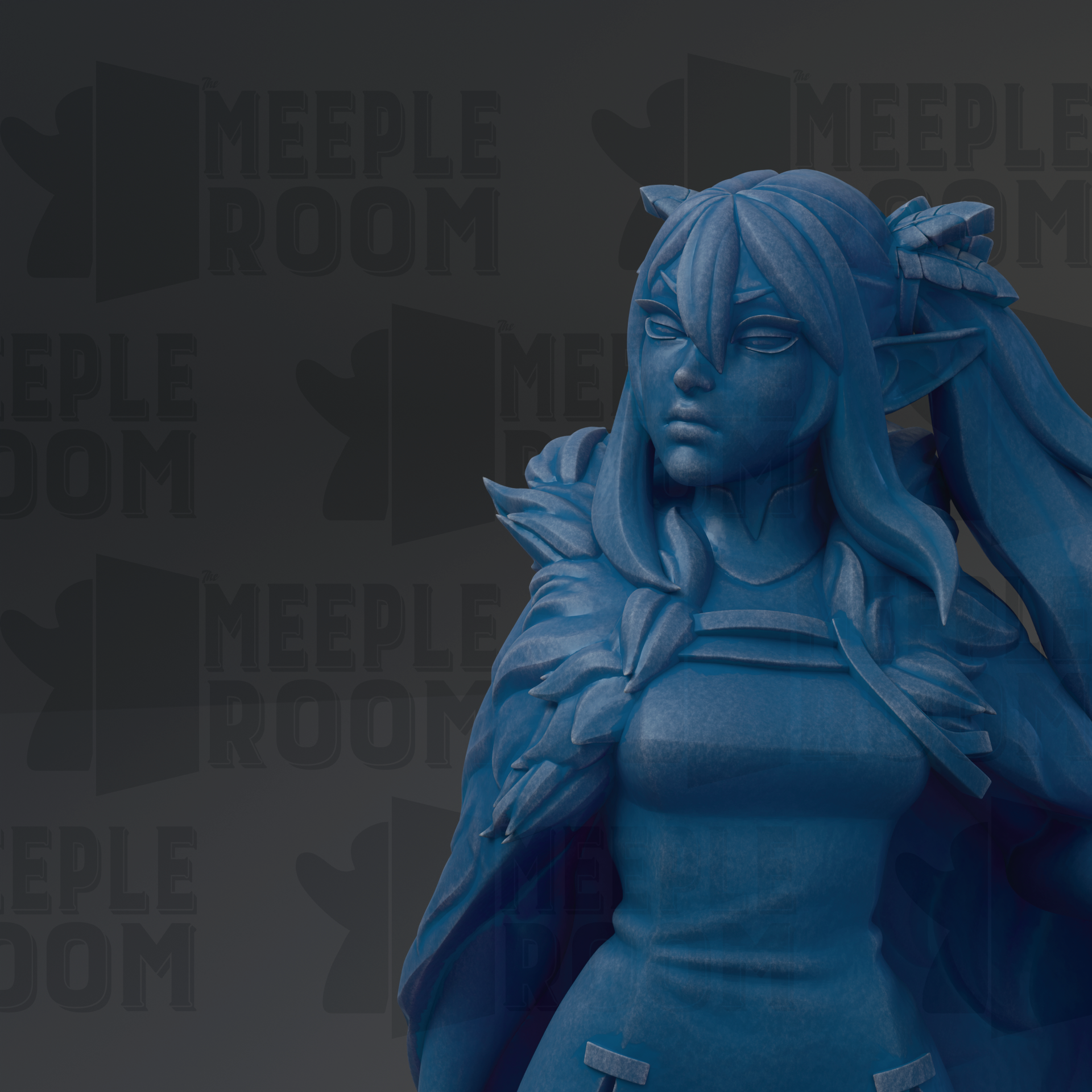 A blue statue of a woman with long hair and a flowing robe, set against a dark background with repeated text.