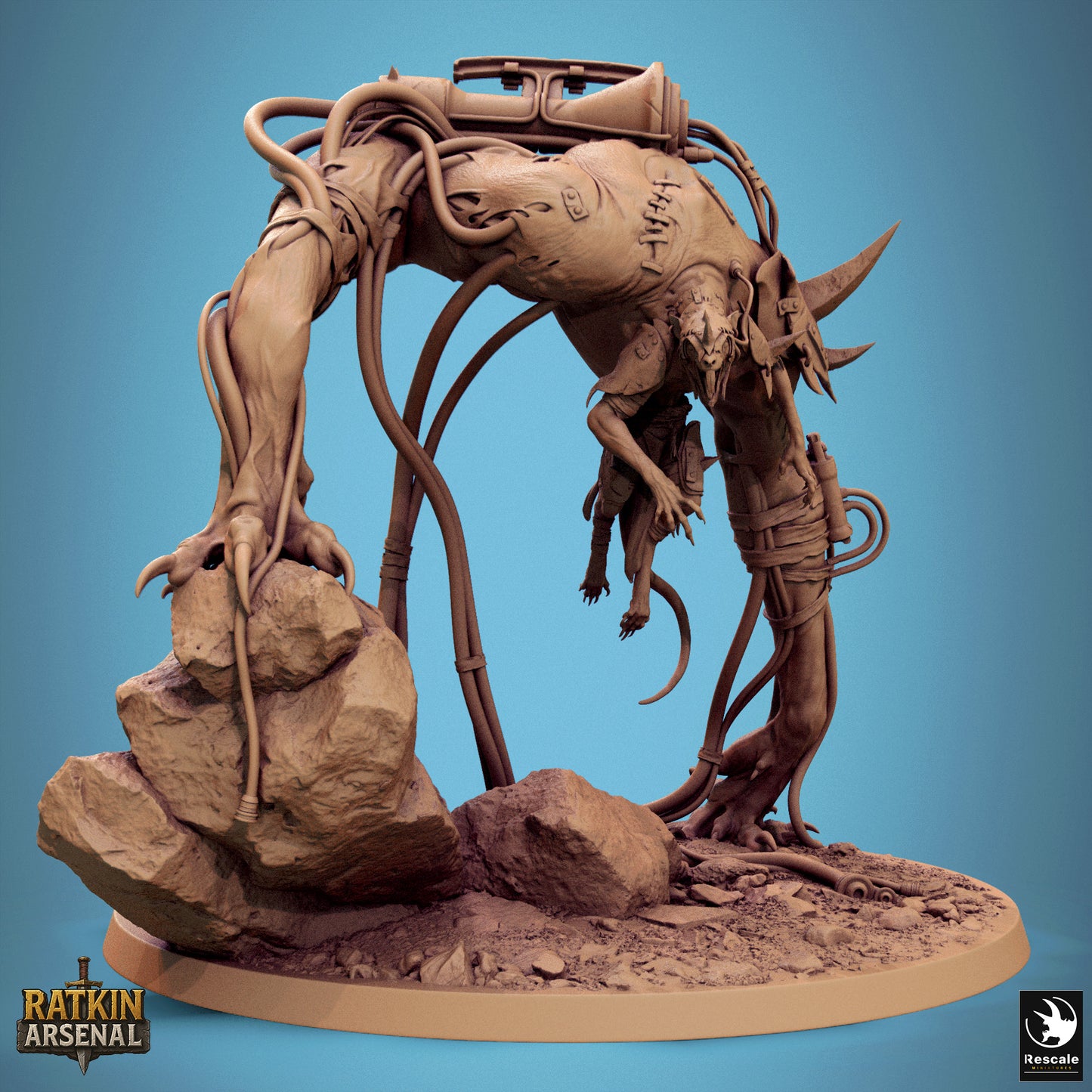 a large, intricate, and detailed 3D model of a creature with a robotic or mechanical appearance, standing on a rock formation.