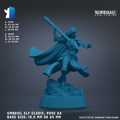 The image is a 3D rendering of an Umbriel Elf Cleric pose, with the base size being 12.5 mm or 25 mm.