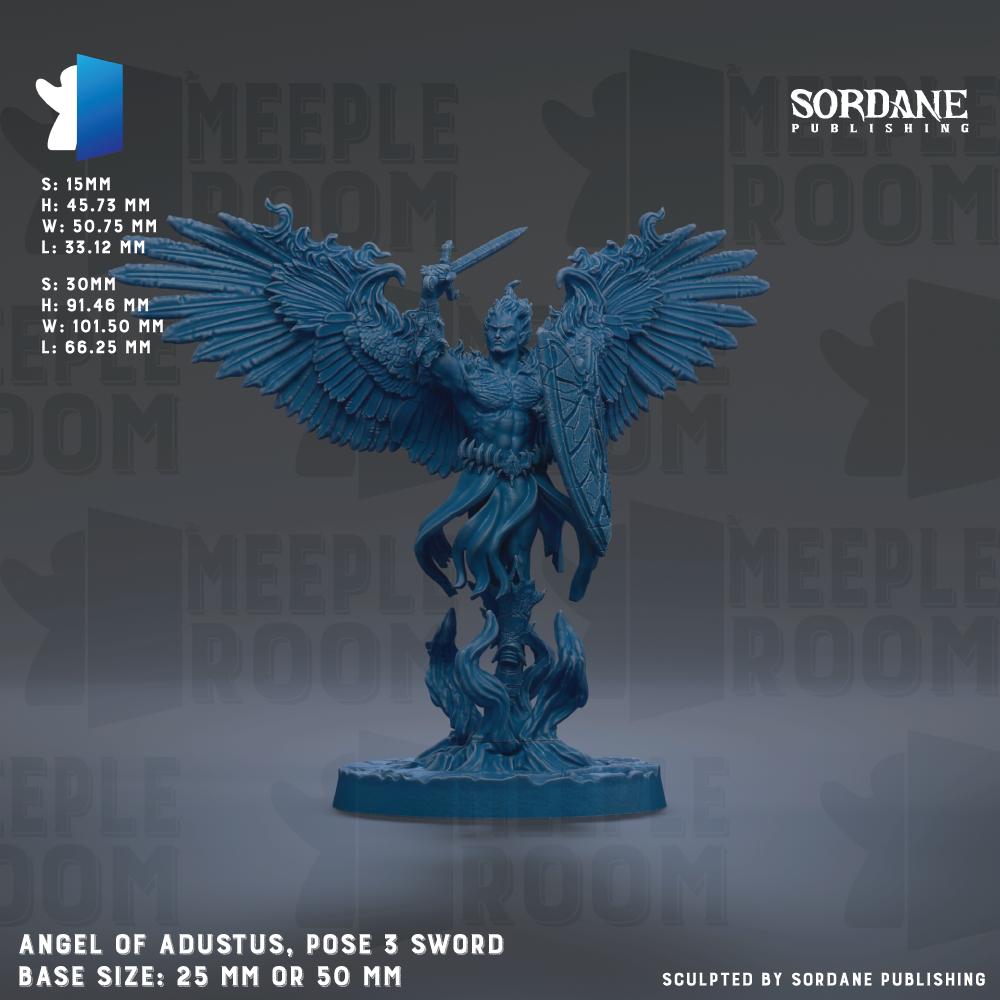 a figurine of an angel with wings and a sword, standing on a base. The figurine is described as a pose 3 sword and is made of a material that resembles wood. The base size of the figurine is either 25mm or 50mm. The image is a collage of multiple images, and it is not a single image but a collection of images. The phrase "Sculpted by Sordane Publishing" is located at the bottom of the image.