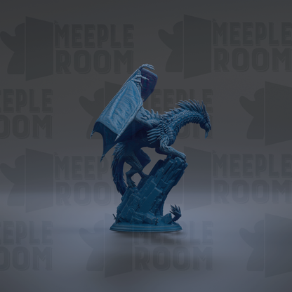 A blue dragon statue with wings spread, standing on a rock formation against a dark background with repeated text.