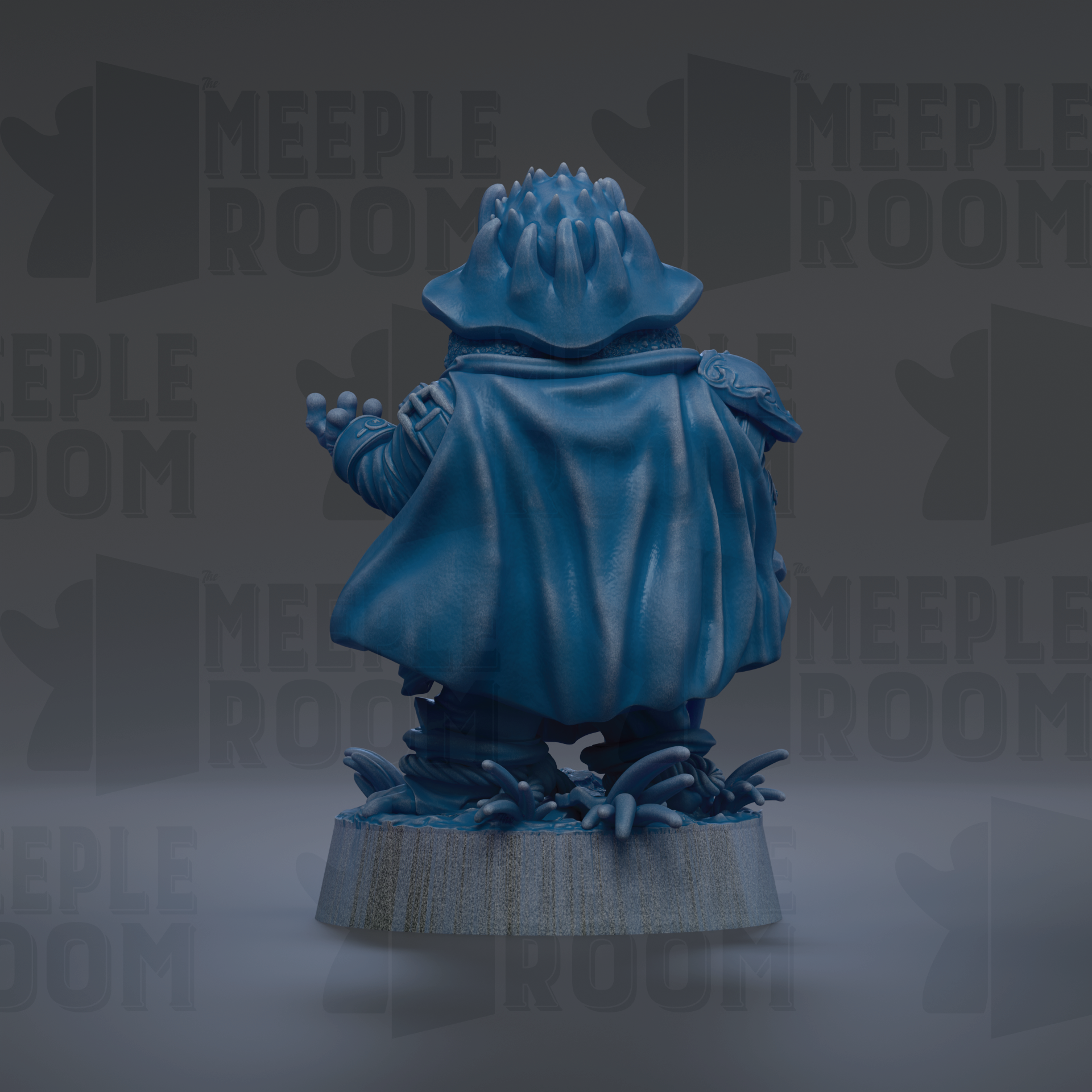 A blue figurine of a character with spikes on its head, standing on a base and facing away from the camera.
