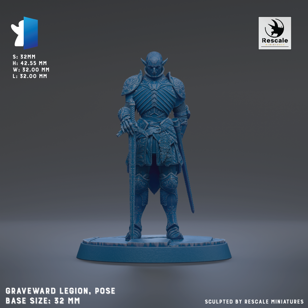 a figurine of a medieval warrior standing on a base, holding a sword and shield. The figurine is in a pose that suggests readiness for battle. The base size of the figurine is 22mm.