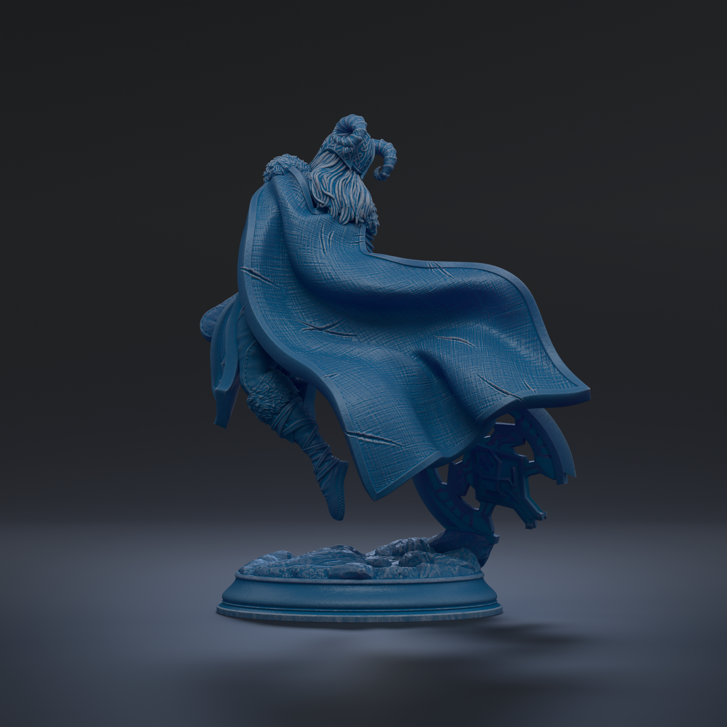 A 3D rendering of a blue statue of a figure with a flowing cape, standing on a base and facing away from the camera.