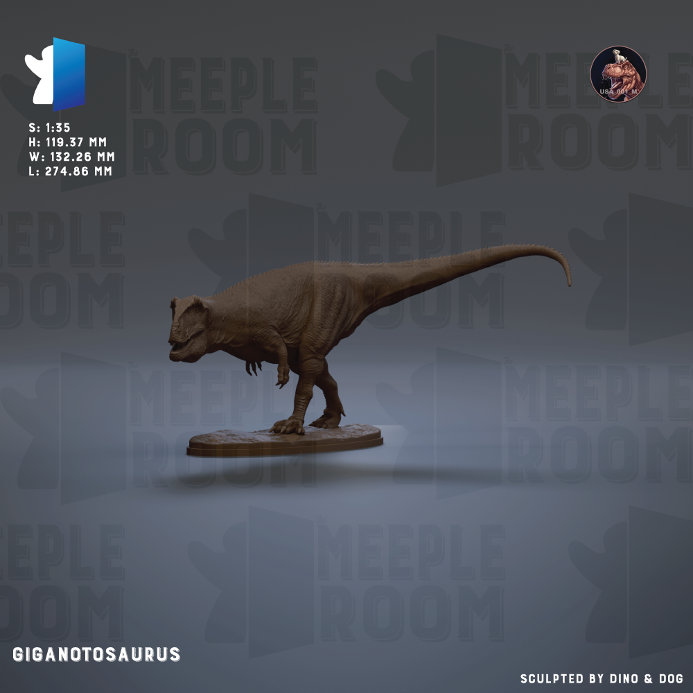 The image is a 3D rendering of a Gigantosaurus, a dinosaur species, with a scale of 1:1.35. The dinosaur is depicted in a dynamic pose, standing on a platform. The background of the image is a dark gray color, and the text "MEIPLE ROOM" is visible, suggesting the image may be part of a larger collection or series.
