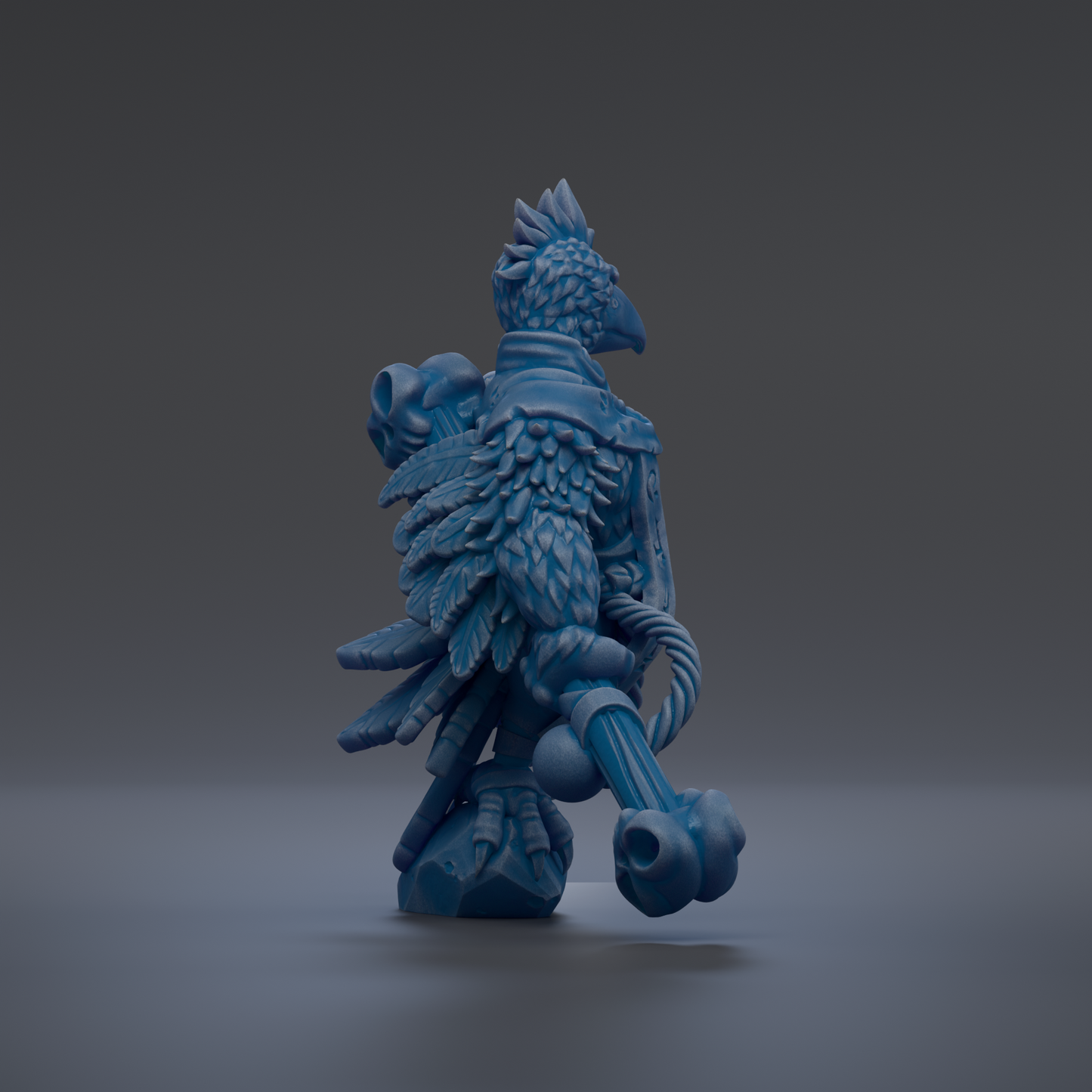 A 3D rendering of a blue, winged creature with a pointed head and a long, curved tail.