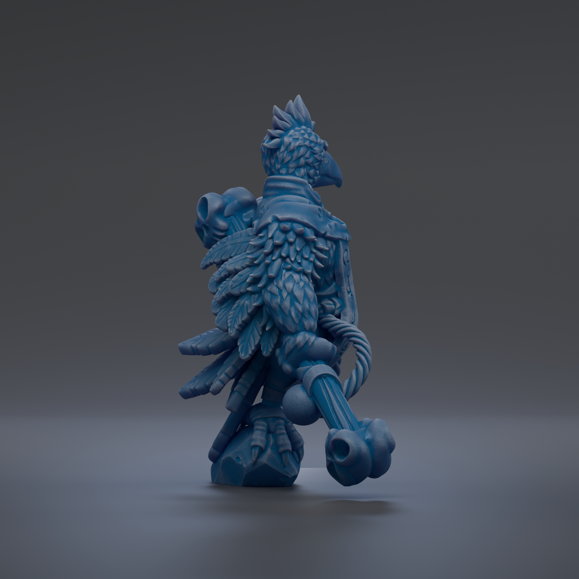 A 3D rendering of a blue, winged creature with a pointed head and a long, curved tail.