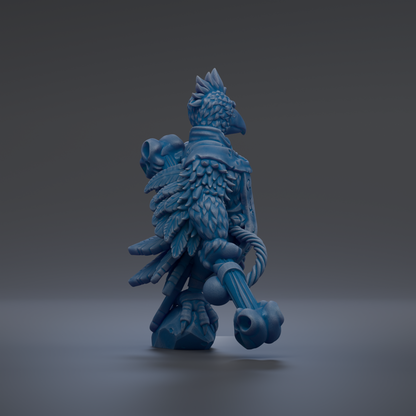 A 3D rendering of a blue, winged creature with a pointed head and a long, curved tail.