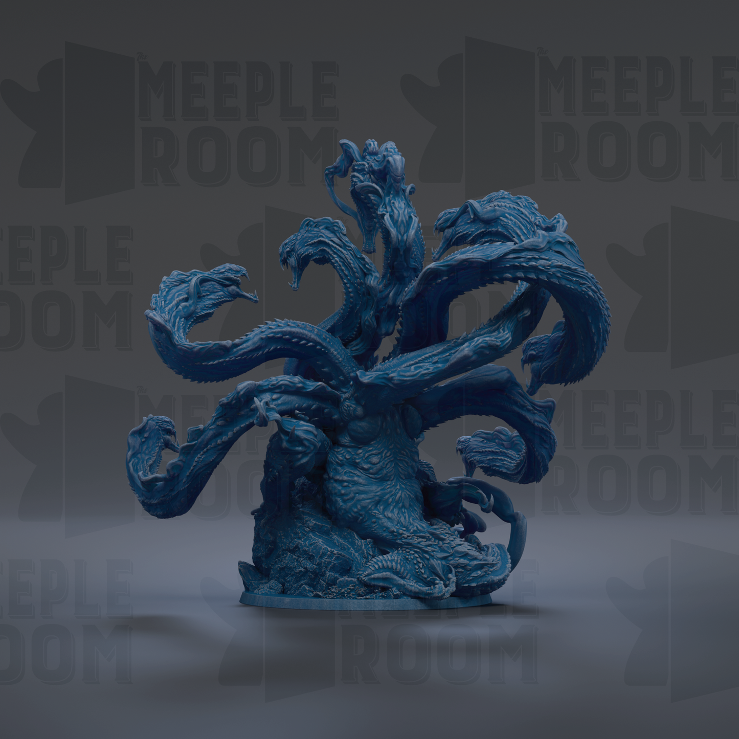 A large, intricate blue dragon sculpture with multiple arms and scales, set against a dark background with repeated text.