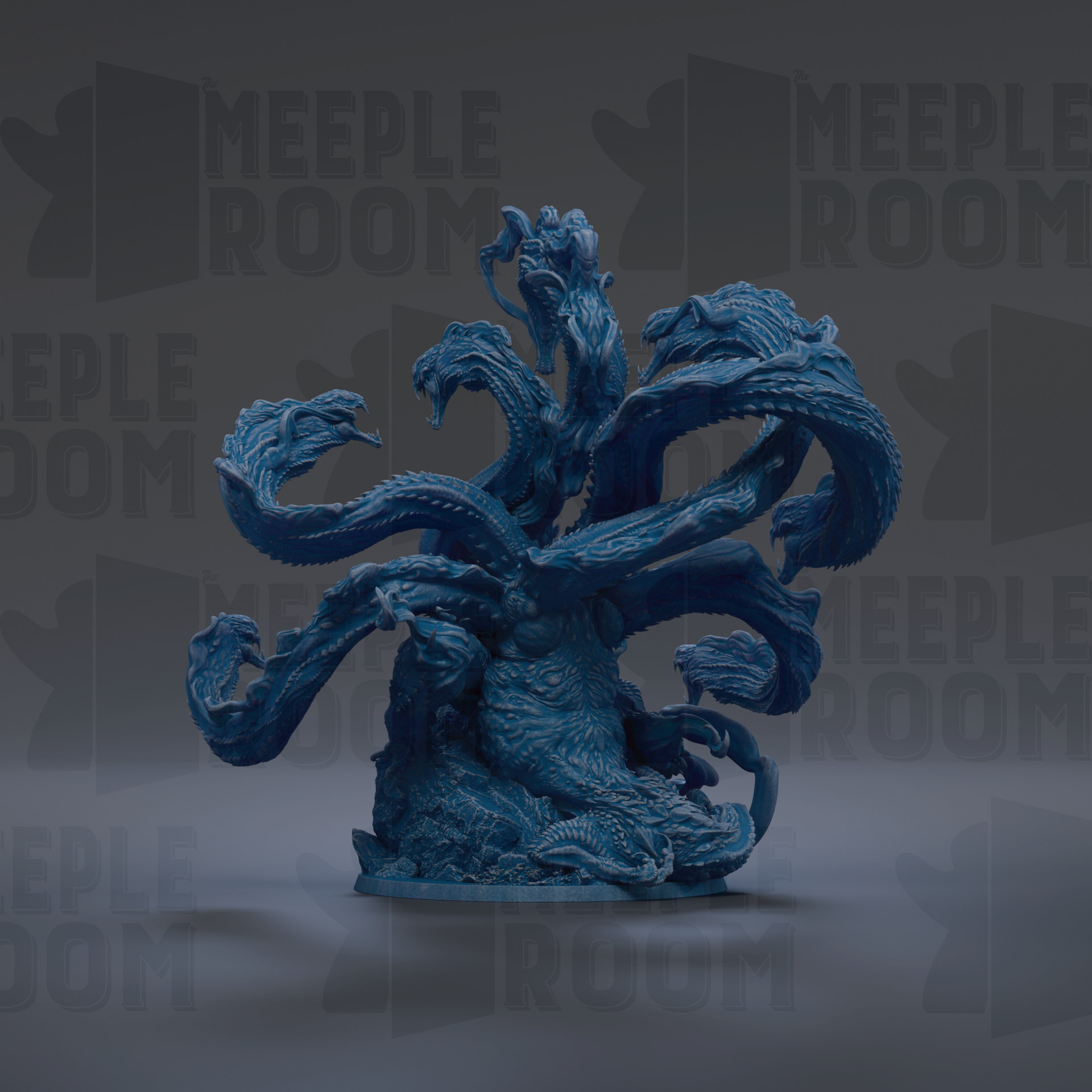 A large, intricate blue dragon sculpture with multiple arms and scales, set against a dark background with repeated text.