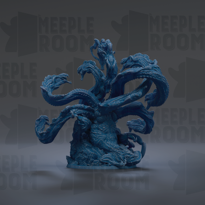 A large, intricate blue dragon sculpture with multiple arms and scales, set against a dark background with repeated text.