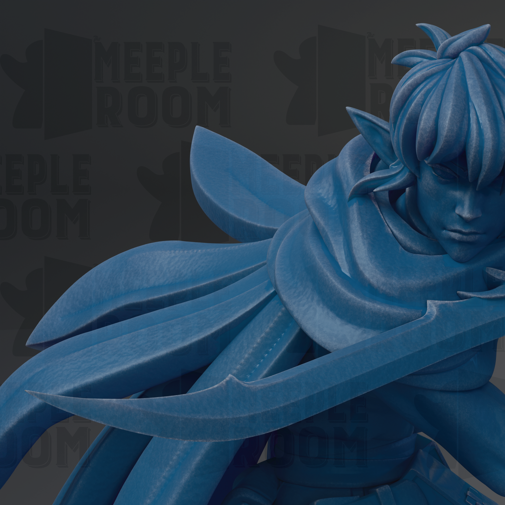 A close-up view of a blue, 3D-rendered character with flowing hair and a flowing cape, holding a sword.