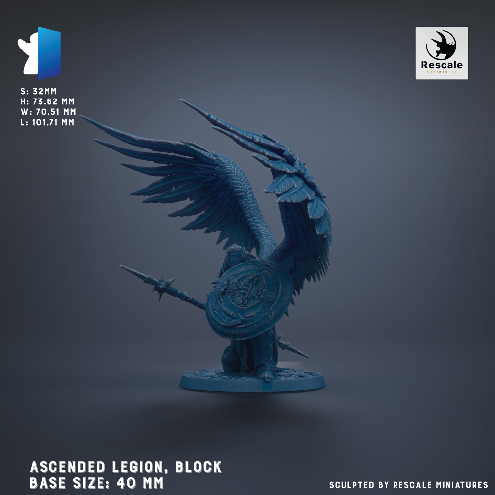 a blue, winged figurine with a shield, standing on a base. The figurine is described as an "ascended Legion, Block" and has a base size of 40 mm. The figurine is sculpted by Rescue miniatures.