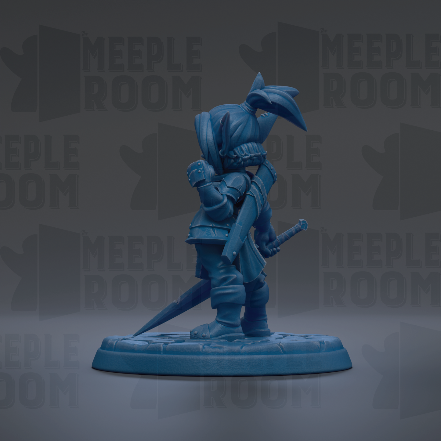 A blue figurine of a character with a sword and shield, standing on a base and facing away from the camera.