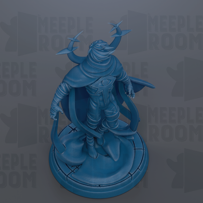 A blue figurine of a character with a large head and long arms, standing on a circular base.