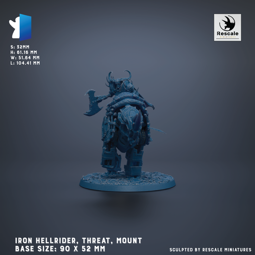 a figurine of an Iron Hellrider, a type of fantasy creature, mounted on a base. The figurine is shown in a dynamic pose, with the Hellrider holding a weapon. The base sizes of the figurine are 90 x 52 mm. The image is a sculpted piece by Rescale miniatures.