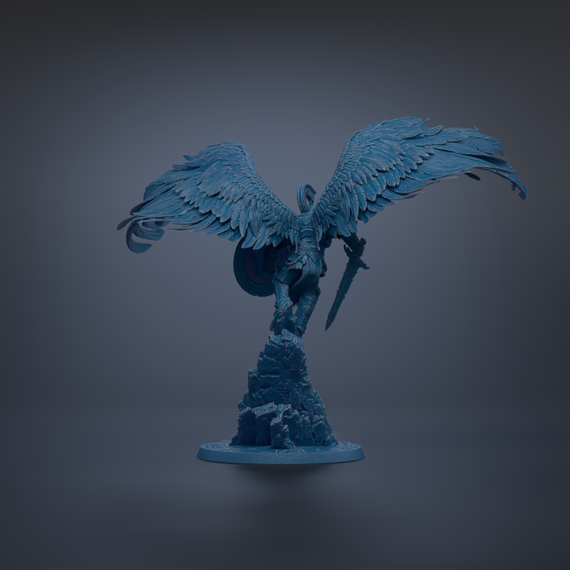 A blue statue of a winged figure with a shield, standing on a rock formation against a dark background.