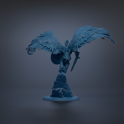 A blue statue of a winged figure with a shield, standing on a rock formation against a dark background.