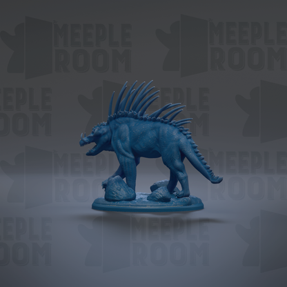 A blue toy dinosaur figurine with spikes on its back is displayed against a dark background with repeated text.
