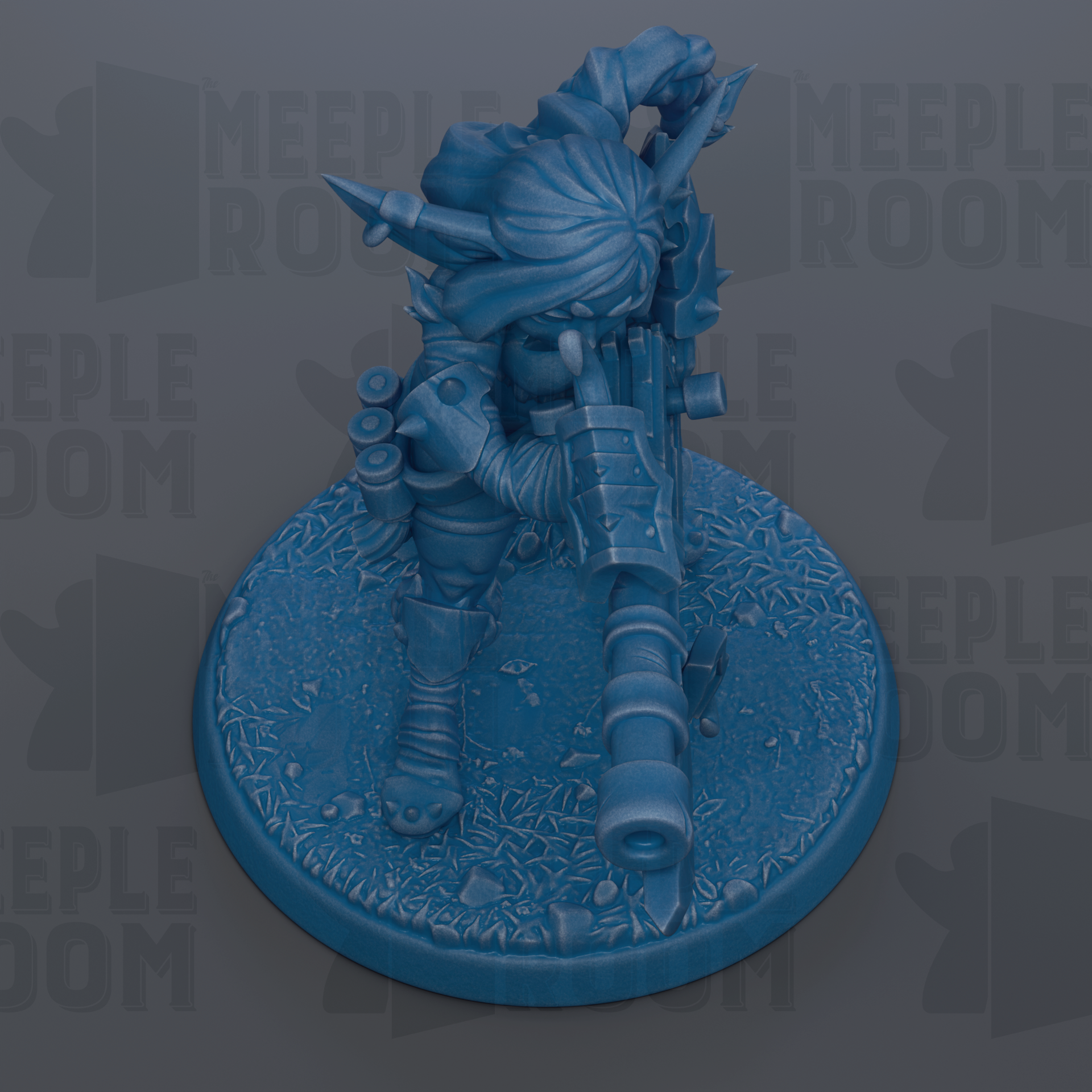 A blue figurine of a character with a gun, standing on a textured base.