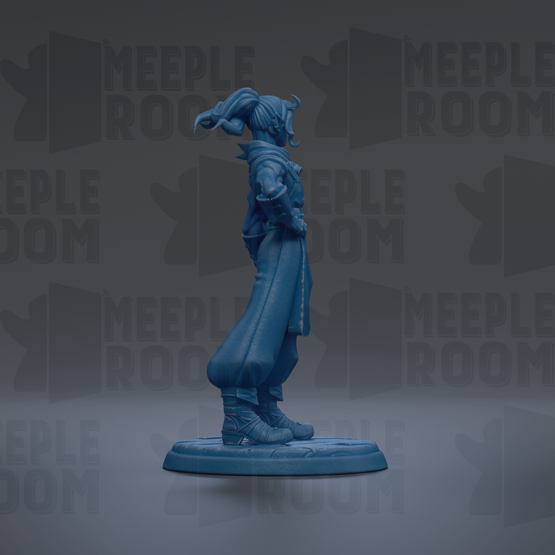 A blue figurine of a person standing on a platform against a dark background with repeated text.