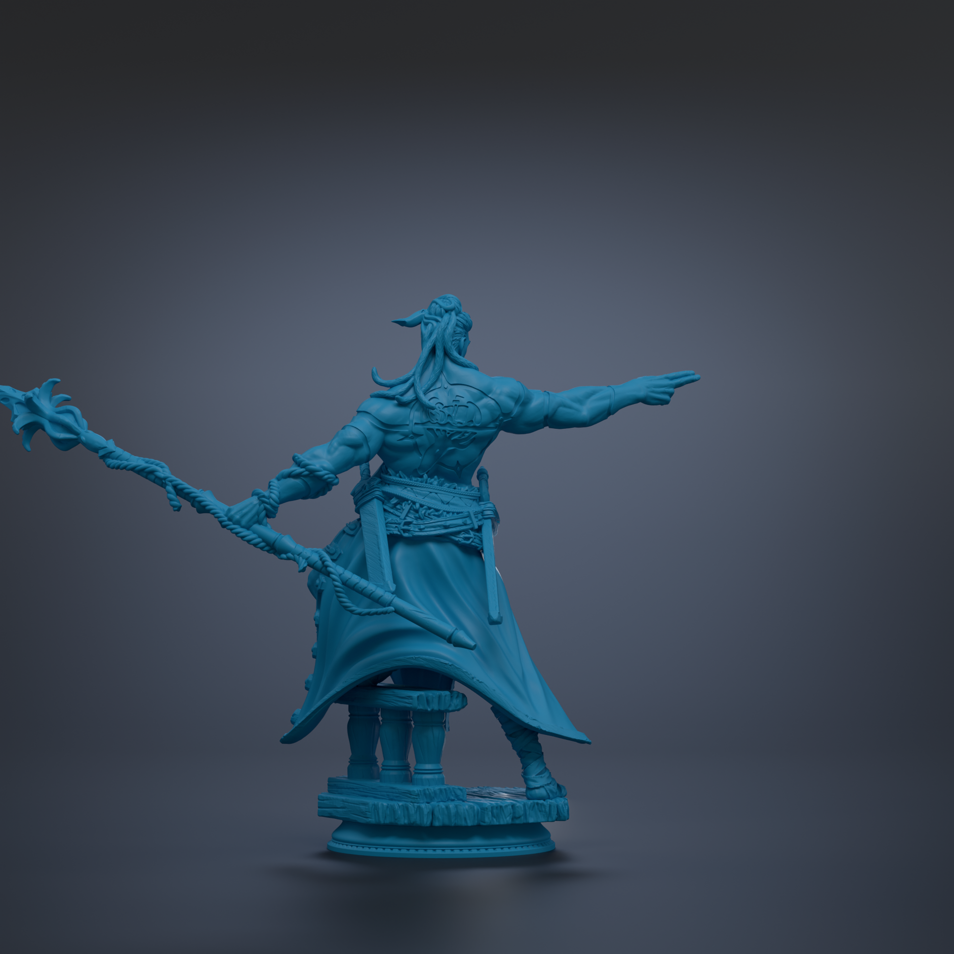 A blue, 3D-rendered statue of a muscular, winged figure with a long staff, standing on a pedestal against a dark background.
