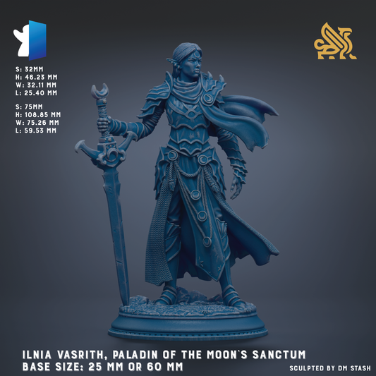 a female warrior figure, specifically the character Ilnia Vasrith, who is the paladin of the Moon's sanctum. The base size of the statue is either 25 mm or 60 mm, depending on the perspective. The statue is shown in a dynamic pose, holding a sword and a shield, ready for battle. The image is a 3D rendering of the statue, which is meticulously crafted and detailed.