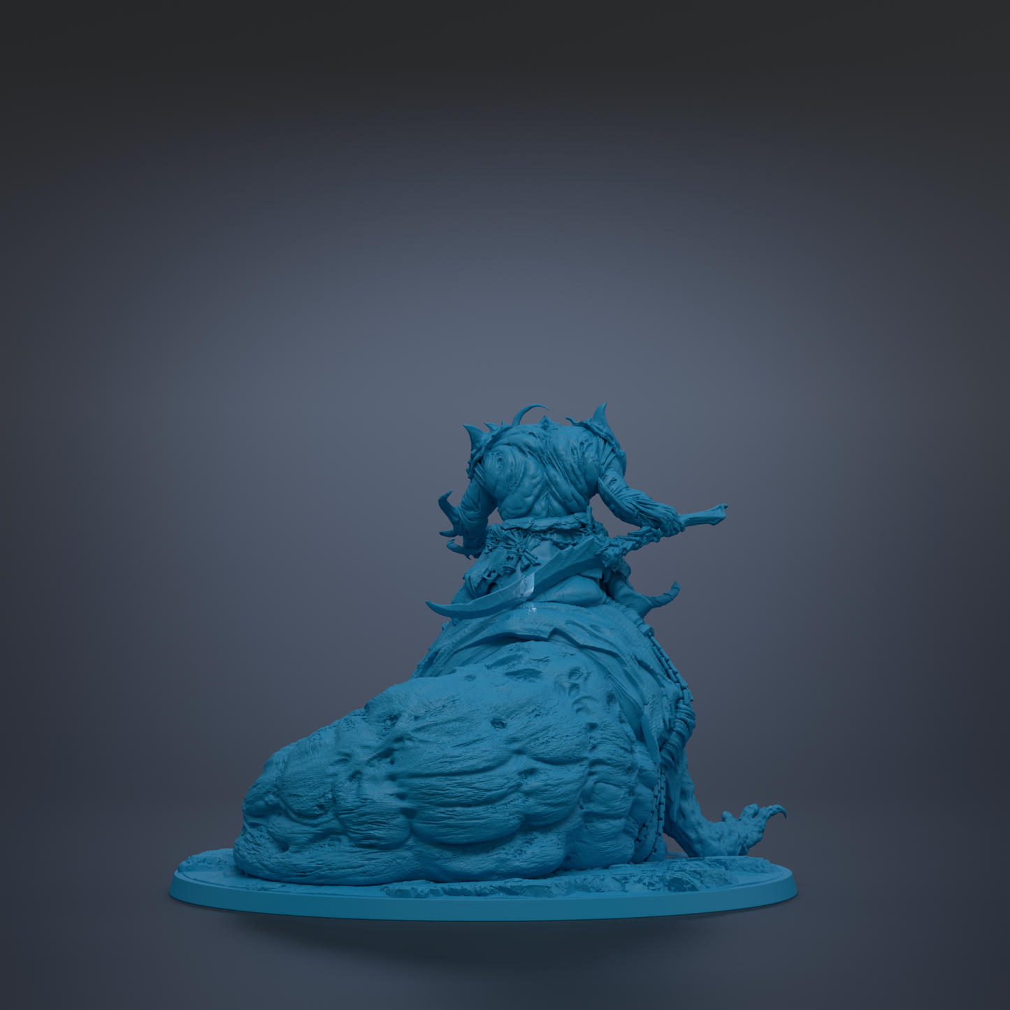 A blue, 3D-rendered statue of a fantastical creature, possibly a dragon or serpent, sitting on a rock.