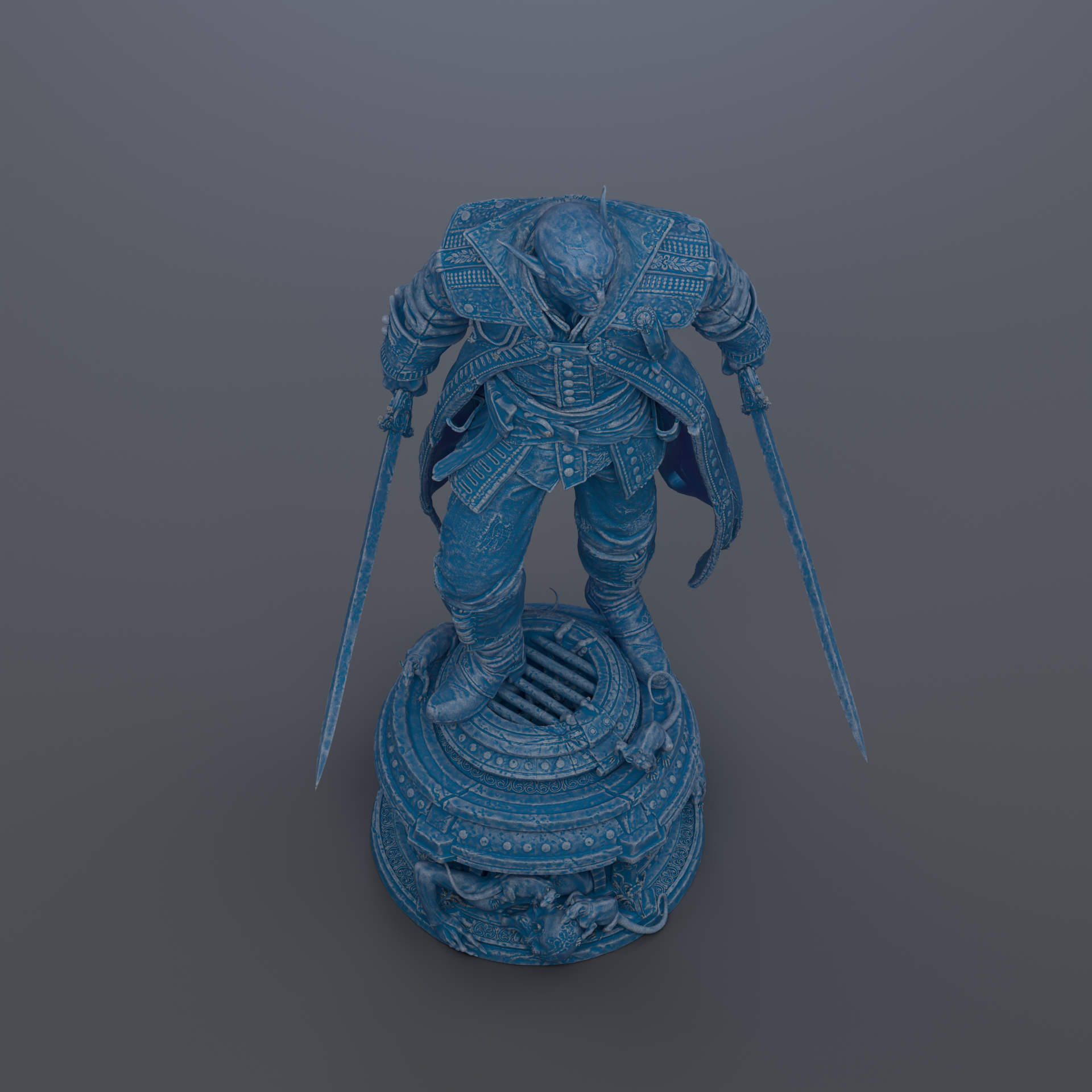 A blue statue of a warrior figure standing on a pedestal.