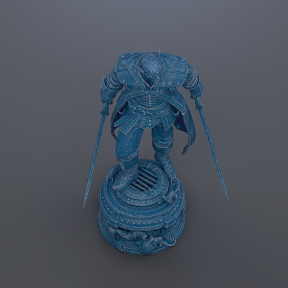 A blue statue of a warrior figure standing on a pedestal.