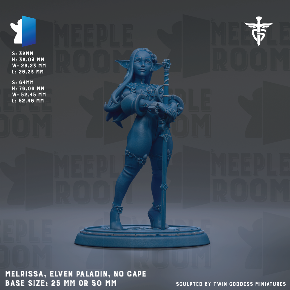 The image is a figurine of a female character, specifically a female elf or princess, standing in a pose with a sword in her hand. The figurine is described as being blue in color and is placed on a base that is either 25mm or 50mm in size. The figurine is sculpted by Twin Goddess Miniatures.