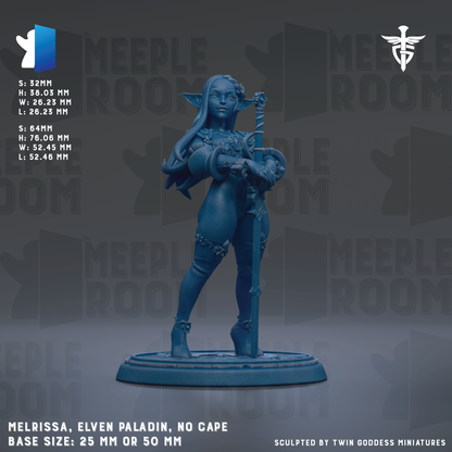 The image is a figurine of a female character, specifically a female elf or princess, standing in a pose with a sword in her hand. The figurine is described as being blue in color and is placed on a base that is either 25mm or 50mm in size. The figurine is sculpted by Twin Goddess Miniatures.