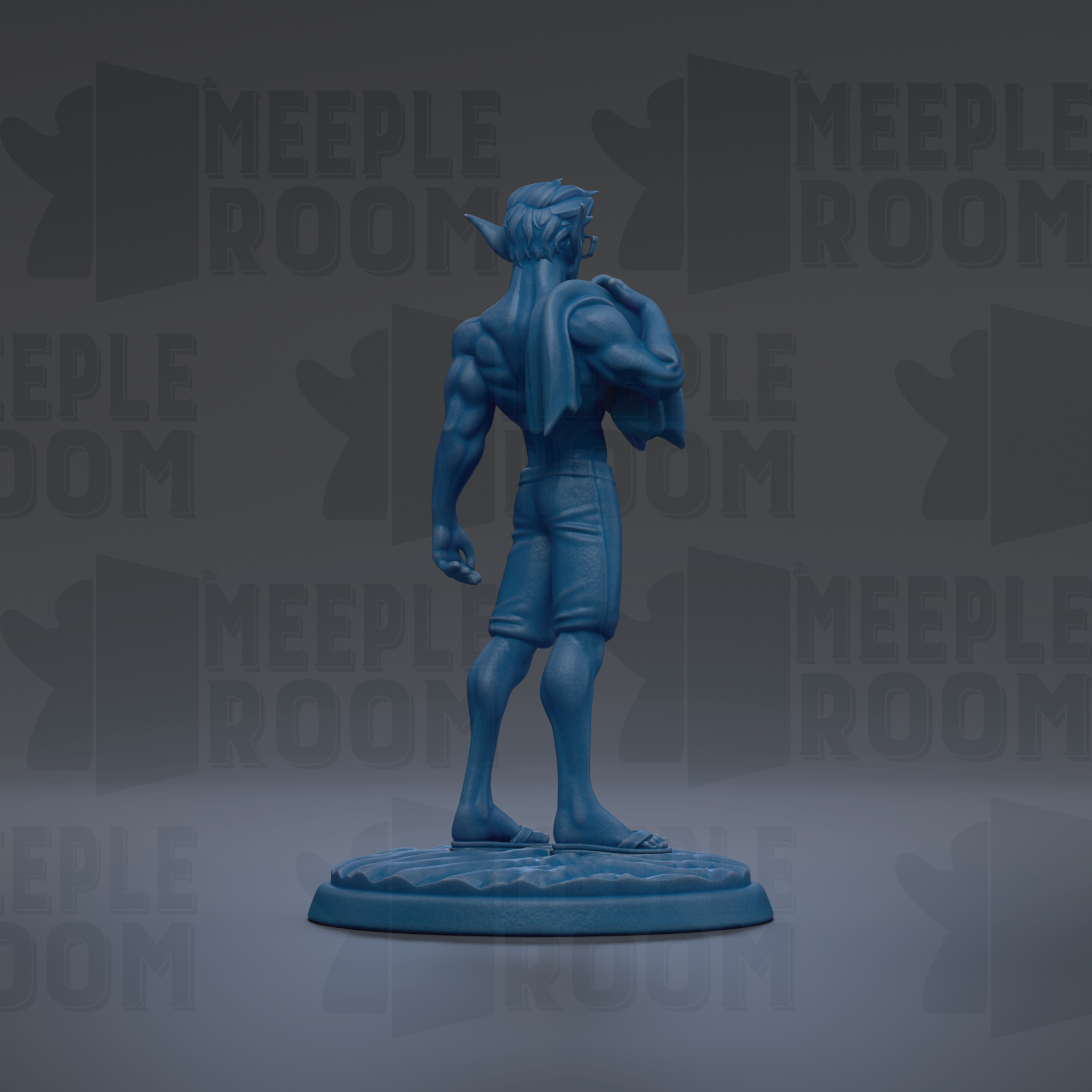 A blue figurine of a muscular man standing on a base, with the text "MEUPLE ROOM" repeated in the background.